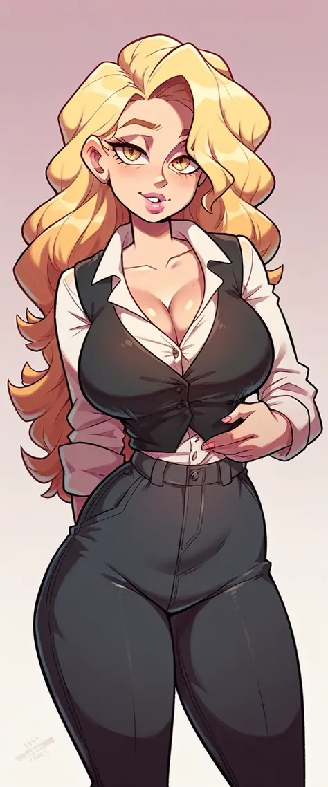 A tall girl, sexy, beautiful, big breast, attractive, sensual, long curly blonde hair, her yellow eye, pink lip, she wears a red office shirt, under a black vest and a black metallic pants, with a large thigh, black heel.