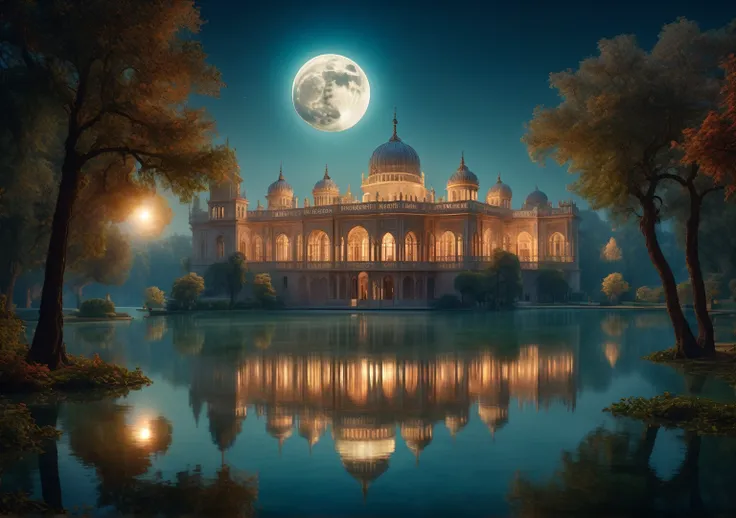 Palace by the lake, full moon and heat haze combine, mystical atmosphere, ornate palace, reflective water, ultrahigh definition, 3D depth, inspired by Leonardo da Vinci, Rembrandt, J.M.W. Turner, mesquite