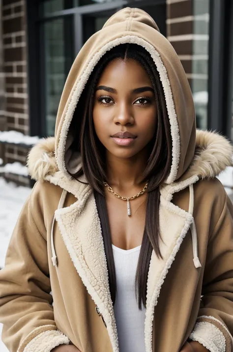 Young light-colored African American woman with short straight hair, big brown eyes , thick lips , with furry hooded coat and diamond chain with the name Lily 