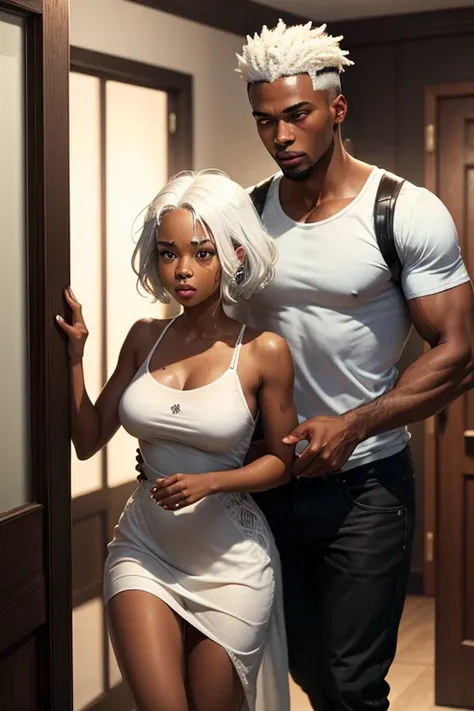 Black couple both with white hair, 1 boy brown, sweaty Black couple,  trapped in room with sad yet sexy 1girl caramel brown skinned. White hair, young, trying to escape the room