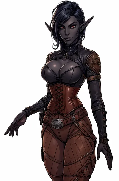 A butch henchwoman, leather corset, steampunk outfit, dark elf with grey skin, highly detailed, red corset