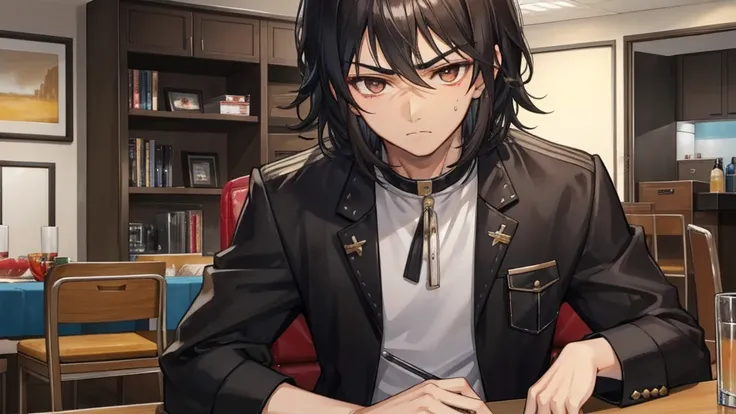 A 14-year-old boy with black fluffy hair and a faint mustache, black eyebrows, giving him a stern look, beautiful brown eyes, long lean body, drunken tsundere sitting at the table crossed on his chest