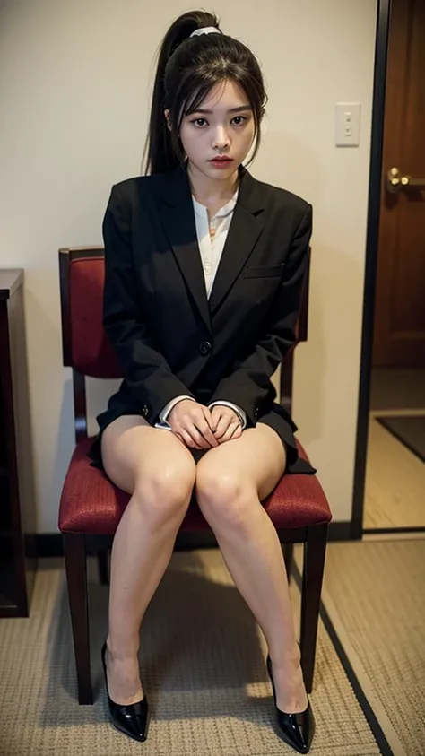 Actual photo、Highest im年 quality、Beautiful woman、Beautiful thighs、Beautiful Face、Uniform Ponytail、Yuriko Yoshitaka、Japanese women、pretty girl、skirt、Beautiful thighs、pumps、Sit on a chair、(front:1.6)、（Open your knees:1.4)、Panty shot、