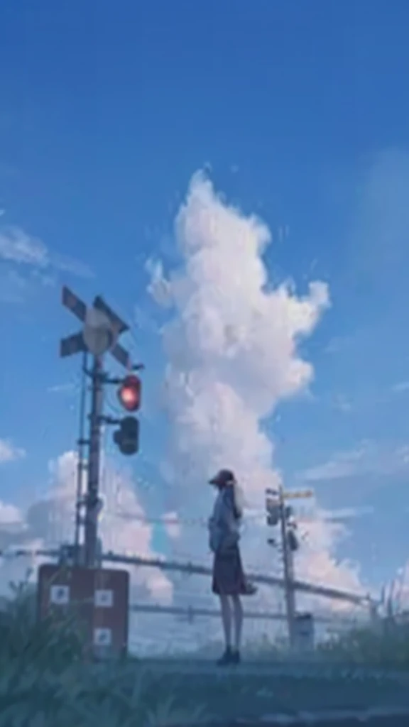 Create an image of a person standing at a railway crossing with large, fluffy clouds in the sky and a clear blue backdrop. The person is facing away from the viewer, creating a sense of contemplation or waiting. The railway crossing should have signals and...