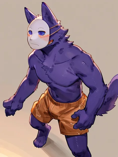 ((Best quality, masterpiece, detailed anatomy, detailed eyes, detailed hands, perfect lighting, perfect shading,)), by Buta99, by Bebebebebe, 1male, Wolf, purple furs, tight body, eyes, mask, skinny chub body, young body, shirtless, orange shorts, barefoot...