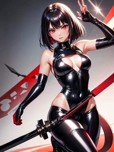 solo girl,Glossy metalic light silver tank top, tight latex shiny, Red interpolation color,Black hair bob,red eyes, camel toe, Samurai Sword,
Lift one leg, sexy lady, โชว์กางเกงใน girl,