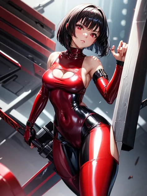 solo girl,Glossy metalic light silver tank top, tight latex shiny, Red interpolation color,Black hair bob,red eyes, camel toe, Samurai Sword,
Lift one leg, sexy lady, โชว์กางเกงใน girl,