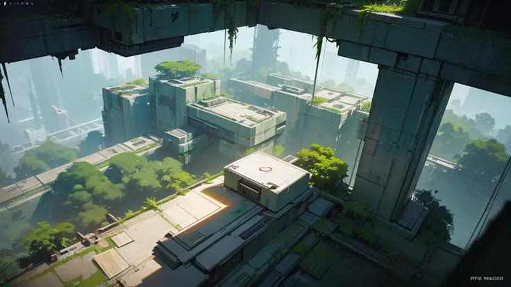 An abandoned futuristic city overgrown with greenery, cyberpunk style, aerial view, dystopian and overgrown plants, ruined architecture, neon lights, moody lighting, dramatic shadows, soft color palette, cinematic composition, high quality, 8k, hyper-detai...