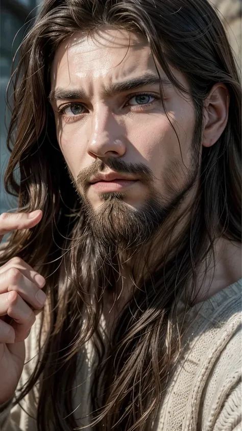  "Create an image of a man similar in appearance to classic depictions of Jesus Christ, with long hair, barba, and a serious expression. It must be pointing directly at the camera, conveying a sense of urgency and calling. Use natural and soft tones, focus...