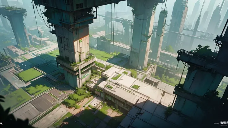 An abandoned futuristic city covered in vegetation, cyberpunk style, aerial view, dystopian and overgrown plants, ruined architecture, neon lights, moody lighting, dramatic shadows, soft color palette, cinematic composition, high quality, 8k, hyper-detaile...