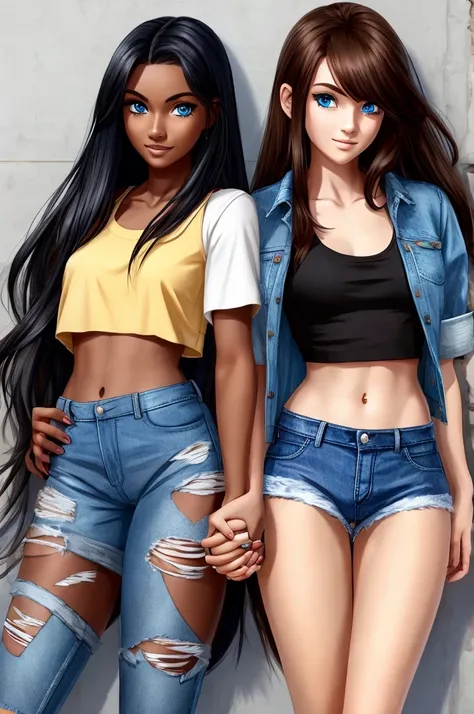 Long black hair blue eyes  and her hand ripped jean jacket and a ripped jeans with a .girl holding her hands hazel eyes brown hair. a crop top and pair of shorts