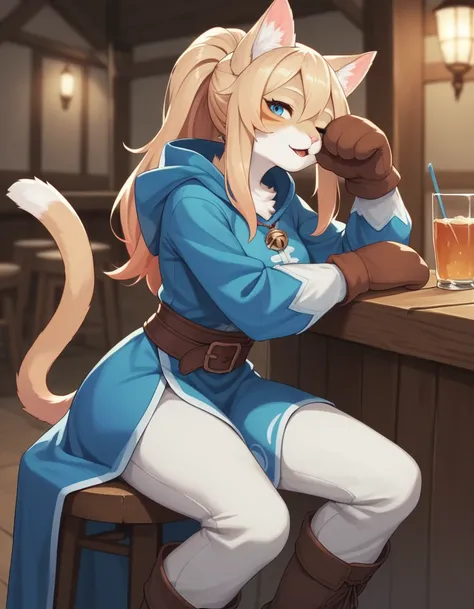 check_9,check_8_up,check_7_up, kemono style, Catboat, Anthro furry feline, silver fur, gray stripes on the body, Blue eyes, blonde hair, Hair in a ponytail, pink nose, :3, in a blue medieval tunic, light brown trousers, Brown boots, harnesses and adventure...