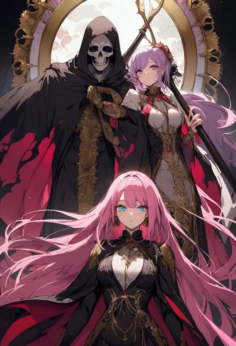 Grim Reaper with a Scythe、Pink haired woman、blue eyes