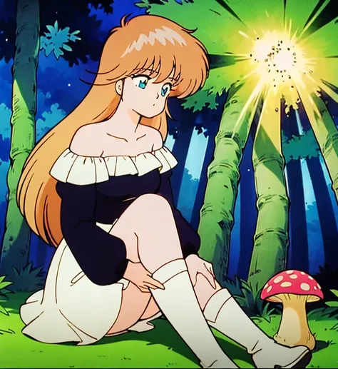 A light blonde haired anime girl with pale blue purple eyes、Wearing a pink off-the-shoulder puffy sleeve dress and knee-length white boots、Under the stars、Sitting in the woods next to an orange mushroom surrounded by fireflies。  