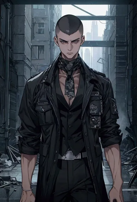 ((Work of art, extremely detailed, looking at screen, dark lighting)), 1 man, 20 years old, buzzcut hair, wearing a black bandana, serious look, extremely strong body, wearing a black sleeveless jacket open, mechanical left arm , standing in abandoned buil...