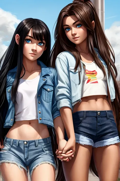 Long black hair blue eyes  and her hand ripped jean jacket and a ripped jeans with a .girl holding her hands brown eyes brown hair. a crop top and pair of shorts