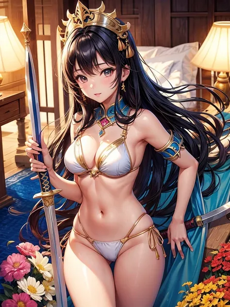 Beautiful Asian girl, 18 years old, light bikini knight girls, sexy lady, medium breasts, camel toe, long sword,