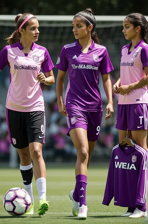 Soccer uniforms with pretty pink logos, purple