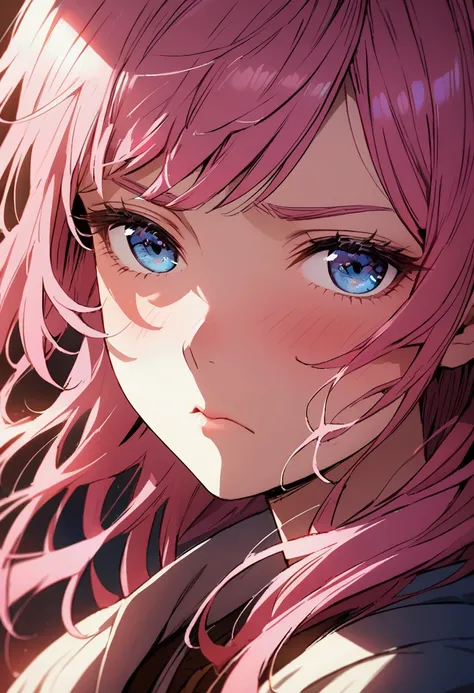 Close-up of face、Frowning、Pink haired woman、blue eyes