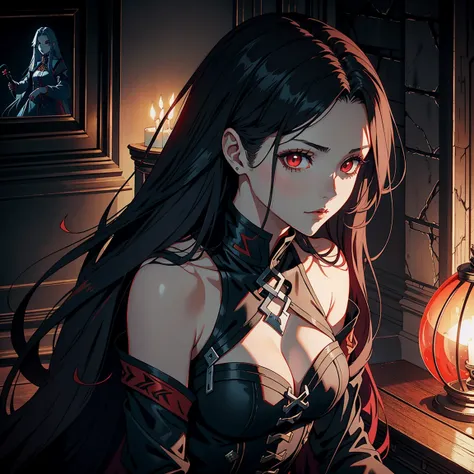 Castlevania Shadow young women with long hair borwon she is a vampire with red eyes