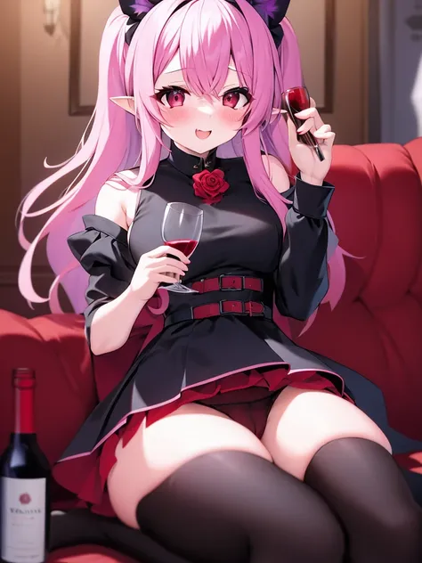 1girl, alcohol, cup, detached sleeves, drinking glass, flower, pink hair, pointy ears, purple flower, purple rose, red eyes, red flower, red rose, rose, rose petals, sitting, solo, thighhighs, vampire, wine glass, miniskirt, dress, เขี้ยวยาว, นั่งกางขา, กา...