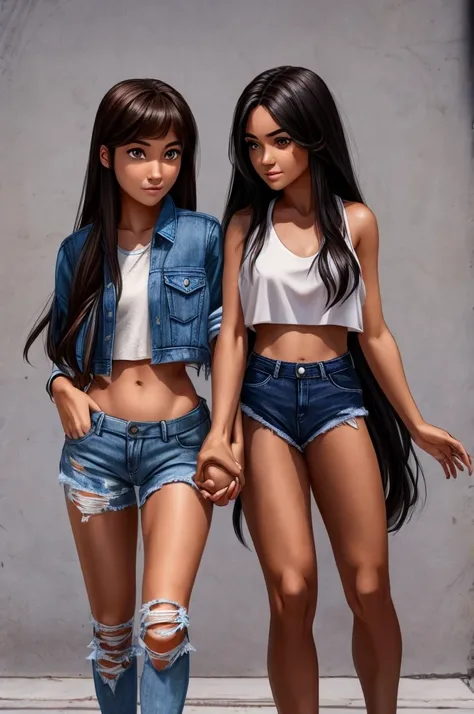 Long black hair brown eyes  and her hand ripped jean jacket and a ripped jeans with a .girl holding her hands brown eyes brown hair. a crop top and pair of shorts