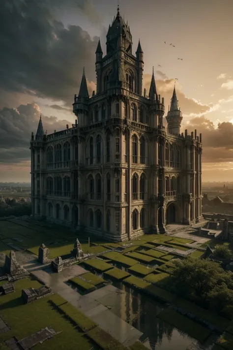 a grand castle in ruins, destroyed, viewed from a distant aerial view, extremely detailed, dramatic lighting, golden hour, cinematic, moody atmosphere, photorealistic, 8k, best quality, masterpiece, ultra-detailed, highly detailed architecture, crumbling w...