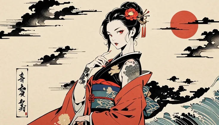 Red eyes, Baring his fangs, Ink Painting, peony, TATOO, Beautiful Japanese Woman, Delicate and precise, Thor, Modern ukiyo-e style,