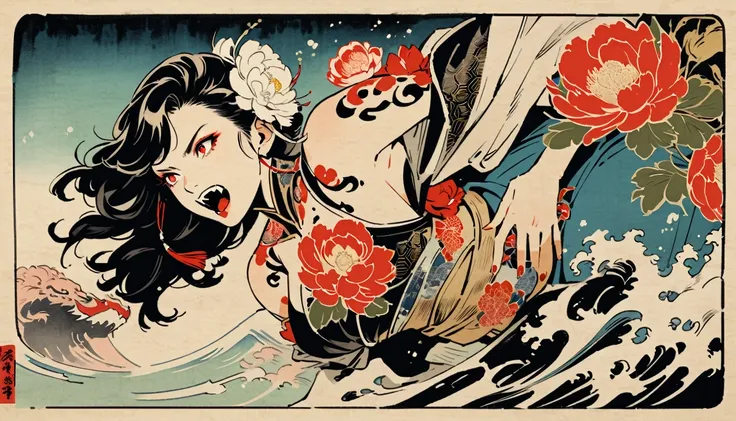 Red eyes, Baring his fangs, Ink Painting, peony, TATOO, Beautiful Japanese Woman, Delicate and precise, Thor, Modern ukiyo-e style,