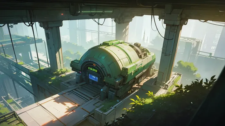 MAKE a futuristic futuristic train station covered in greenery, cyberpunk style, aerial view, dystopian and overgrown plants, ruined architecture, neon lights, moody lighting, dramatic shadows, soft color palette, cinematic composition, high quality, 8k, h...