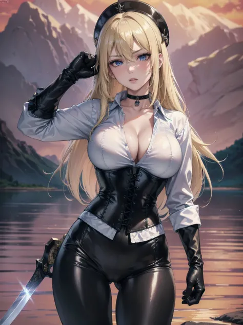 Masterpiece, Superior image quality, high resolution, 4k image,photo and gross, photorealistic, whole body, 1 young blonde of 15 years, combat pose, {{{vagina}}}, big breasts, beautiful face, Long blonde hair, blue eyes, very detailed eyes, pink cheeks, se...