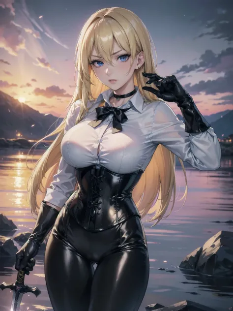 Masterpiece, Superior image quality, high resolution, 4k image,photo and gross, photorealistic, whole body, 1 young blonde of 15 years, combat pose, {{{vagina}}}, big breasts, beautiful face, Long blonde hair, blue eyes, very detailed eyes, pink cheeks, se...