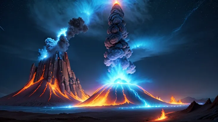 a volcano erupting with blue fire and lava, highly detailed, cinematic lighting, dramatic atmosphere, 8k, photorealistic, glowing lava, swirling smoke, fiery sky, rugged terrain, dynamic composition, vivid colors, chiaroscuro lighting, volumetric fog, extr...