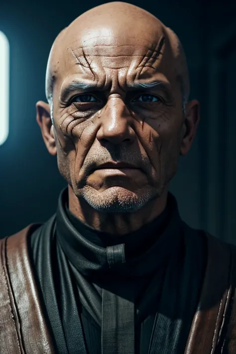 ANIKAN SKYWALKER OLD, BURNED FACE, SCARS, BALD, JEDI ROBES,BREATHING MASK, ON TRIAL, IN HAND CUFFS, TALL realistic digital art 4 k, realistic digital art 4k, cinematic digital painting, ultra realistic concept art, very detailed digital painting, 4k concep...