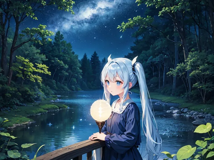 On the shore of the lake in the forest、Moonlit Night、The stars twinkle、Light blue long hair、Beautiful girl with twin tails、Fireflies flutter、Mysterious atmosphere、A pure white owl is perched on the girl&#39;s shoulder、Beautiful girl with an adorable smile