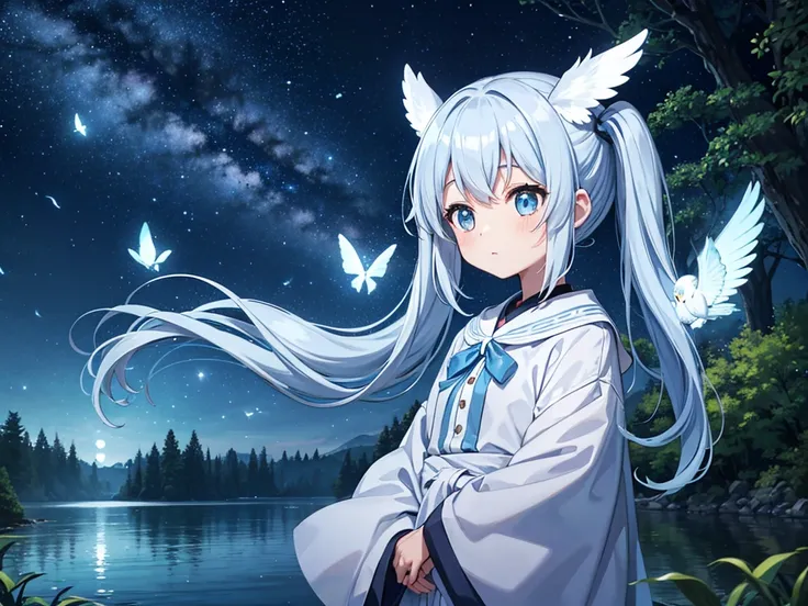 On the shore of the lake in the forest、Moonlit Night、The stars twinkle、Light blue long hair、Beautiful girl with twin tails、Fireflies flutter、Mysterious atmosphere、A pure white owl is perched on the girl&#39;s shoulder、Beautiful girl with an adorable smile