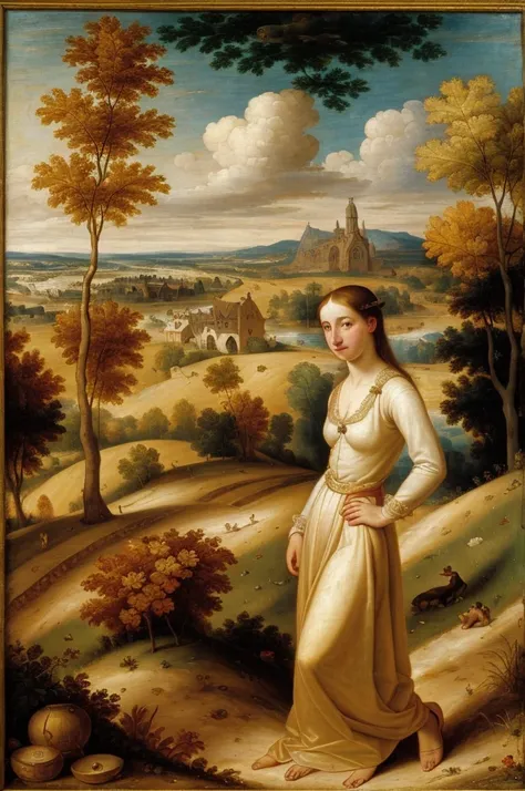 [[(full-length front view: young attractive girl) ((style Abraham Brueghel))]/[background:amazing Renaissance landscape based on Abraham Brueghel) (masterpiece)], oil painting, extreme detail, intricate, unusual, ((best quality))]