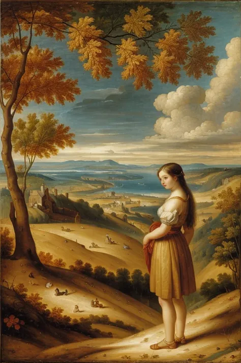 [[(full-length front view: young attractive girl) ((style Abraham Brueghel))]/[background:amazing Renaissance landscape based on Abraham Brueghel) (masterpiece)], oil painting, extreme detail, intricate, unusual, ((best quality))]