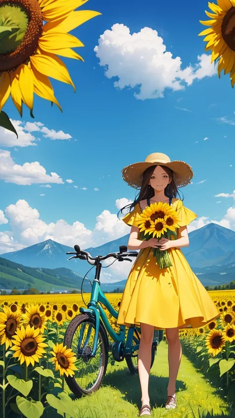 Create an image of two individuals on a sunny day with a clear blue sky, standing in a vibrant green field. One individual is holding a bicycle, and both are surrounded by tall sunflowers. In the background, there are rolling hills leading to mountains in ...