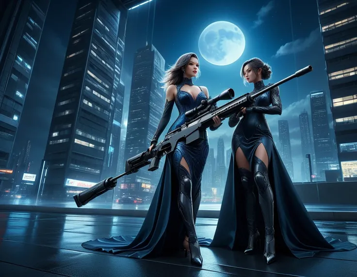 a portrait picture of a 1single woman sniper, standing in a window aiming a sniper rifle, an exotic beautiful woman sniper, dynamic hair, braided hair, full body shop, intense blue eyes, ultra detailed face, wearing (intricate evening dress: 1.5), elegant ...