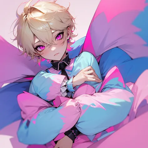 Boy, male, short blonde hair, fluffy hair, blue and pink Lolita dress, pastel, Lolita, pastel goth, cute, adorable, Femboy, man, pretty, neon pink eyes