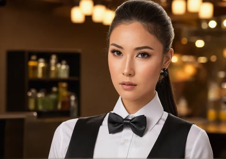 FraAngTTXV1E,
a beautiful woman wearing a black tuxedo vest and a white shirt and black bow tie around her neck, hair in a ponytail, (restauant ambience:1.2)
(professional photo shooting), (high buget photo), (extremely detailed skin), (flawless skin), (mo...