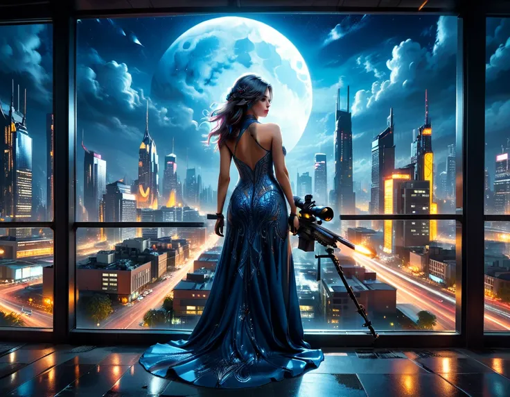 a portrait picture of a 1single woman sniper, standing in a window aiming a sniper rifle, an exotic beautiful woman sniper, dynamic hair, braided hair, full body shop, intense blue eyes, ultra detailed face, wearing (intricate evening dress: 1.5), elegant ...