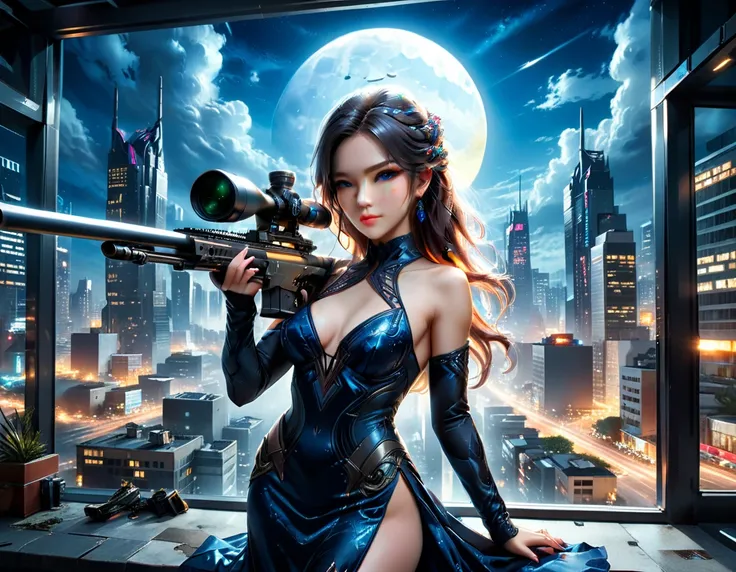 a portrait picture of a 1single woman sniper, standing in a window aiming a sniper rifle, an exotic beautiful woman sniper, dynamic hair, braided hair, full body shop, intense blue eyes, ultra detailed face, wearing (intricate evening dress: 1.5), elegant ...