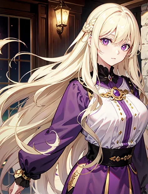 blonde, pale skin, long  hair, wavy, big purple eyes, olis, adult, beatiful house, time of feudalism.