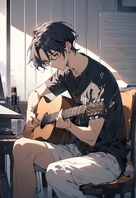 Cute asian sexy man with guitar sitting on chair writing song in studio room/Melancholic tone / bust