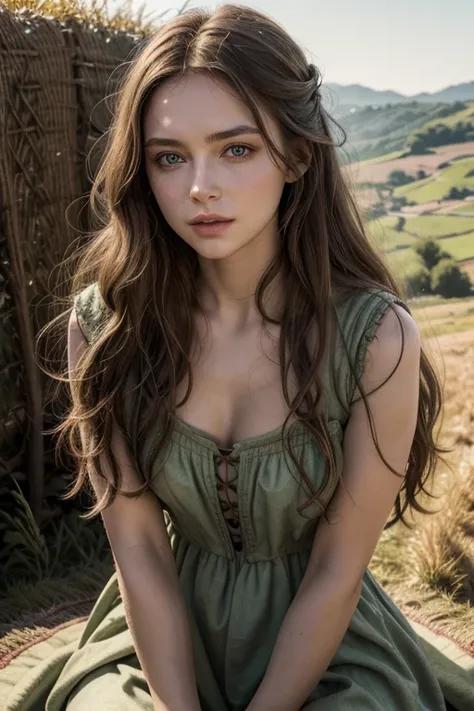 a beautiful medieval peasant woman, simple  dress, flowing long hair, simple expression, natural light, golden hour, cinematic, detailed face, green eyes, detailed lips, panoramic background, rolling hills,  cinematic mood, dramatic lighting, photorealisti...