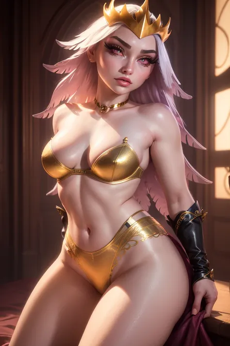 Stella from helluva boss, 1girl, detailed face, beautiful eyes, long eyelashes, small beak, pink and white feathers, golden crown, big breasts, sexy lingerie and leggings, highly detailed, photorealistic, 8k, ultra-detailed, professional, vivid colors, dra...