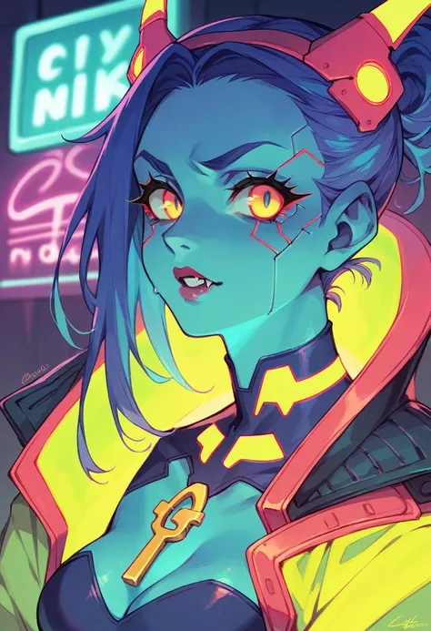 I want an image of a vampire girl in a cyberpunk world with a cold tone environment and the color red in it., but that the environment has cyan neon lights, blue, purple and yellow that is low key and has an anime style. Any size for portrait 