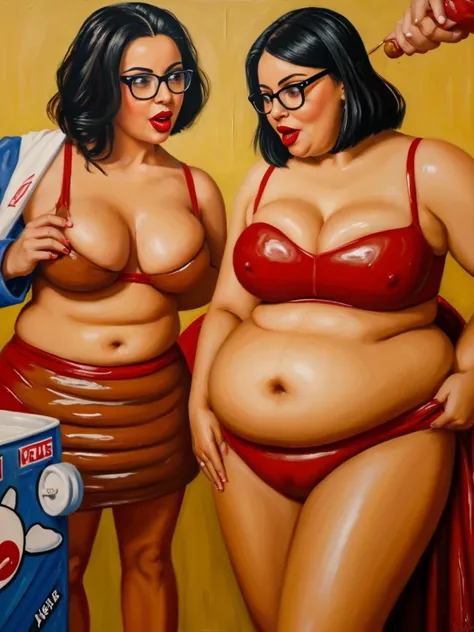 2 women, red lips, large glasses, (scolding a woman about eating too much), emotional portrait about not eating too much,, holding a hot dog, hotdog background, stuffed belly, full belly (realistic modern oil painting)